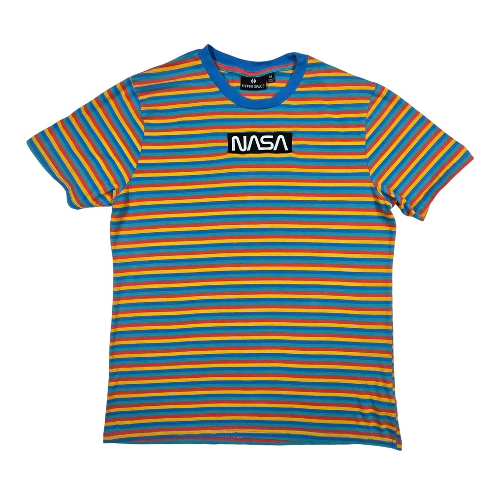 Hyper Space NASA Rainbow Striped T-Shirt Mens Medium Short Sleeve Cotton Tee